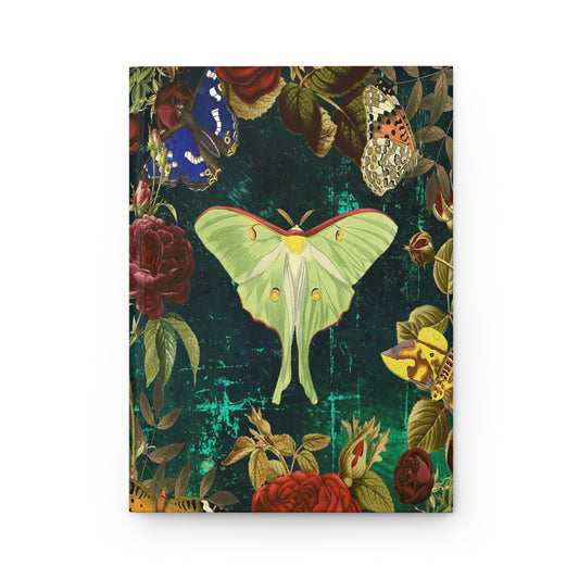 Vintage Style Green Luna Moth & Roses Soft-Touch Matte Hard Cover Journal