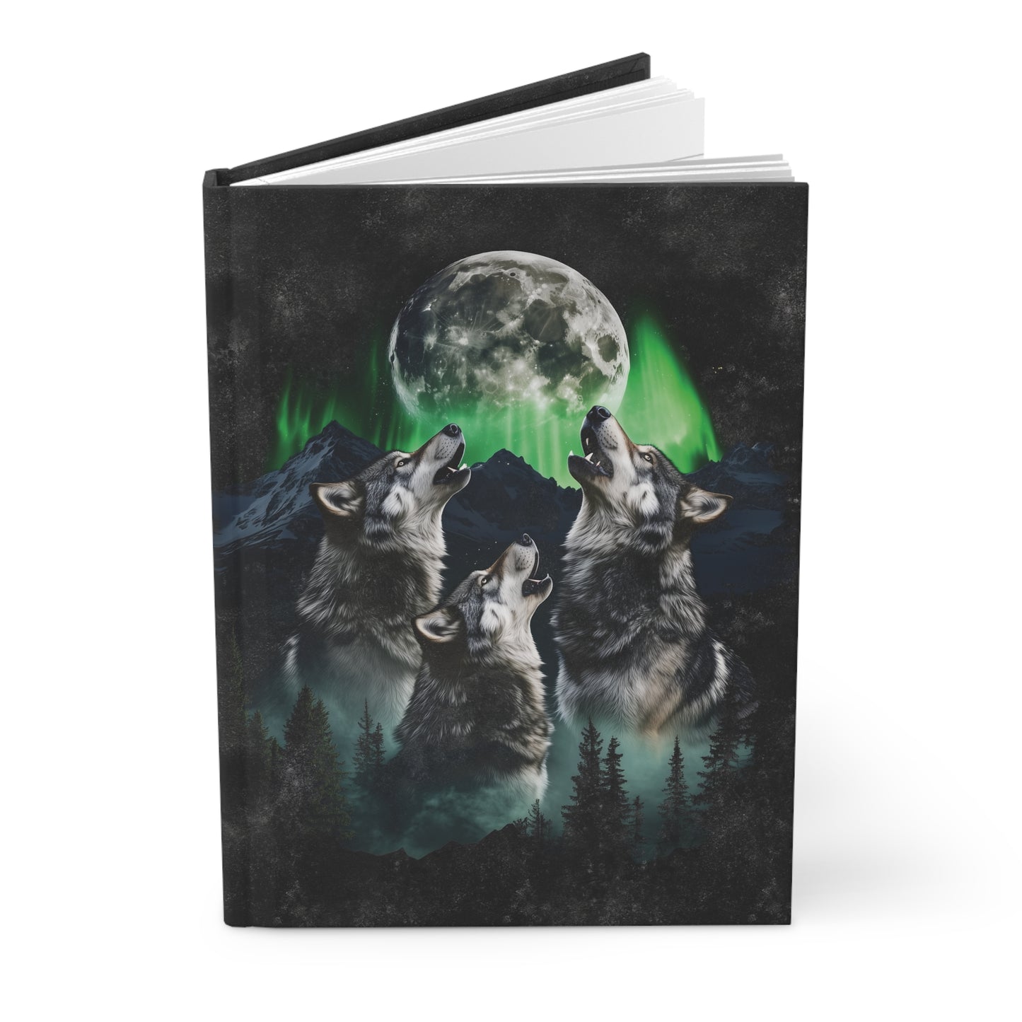Wolves Howling at the Full Moon Green Northern Lights Soft-Touch Matte Hardcover Journal