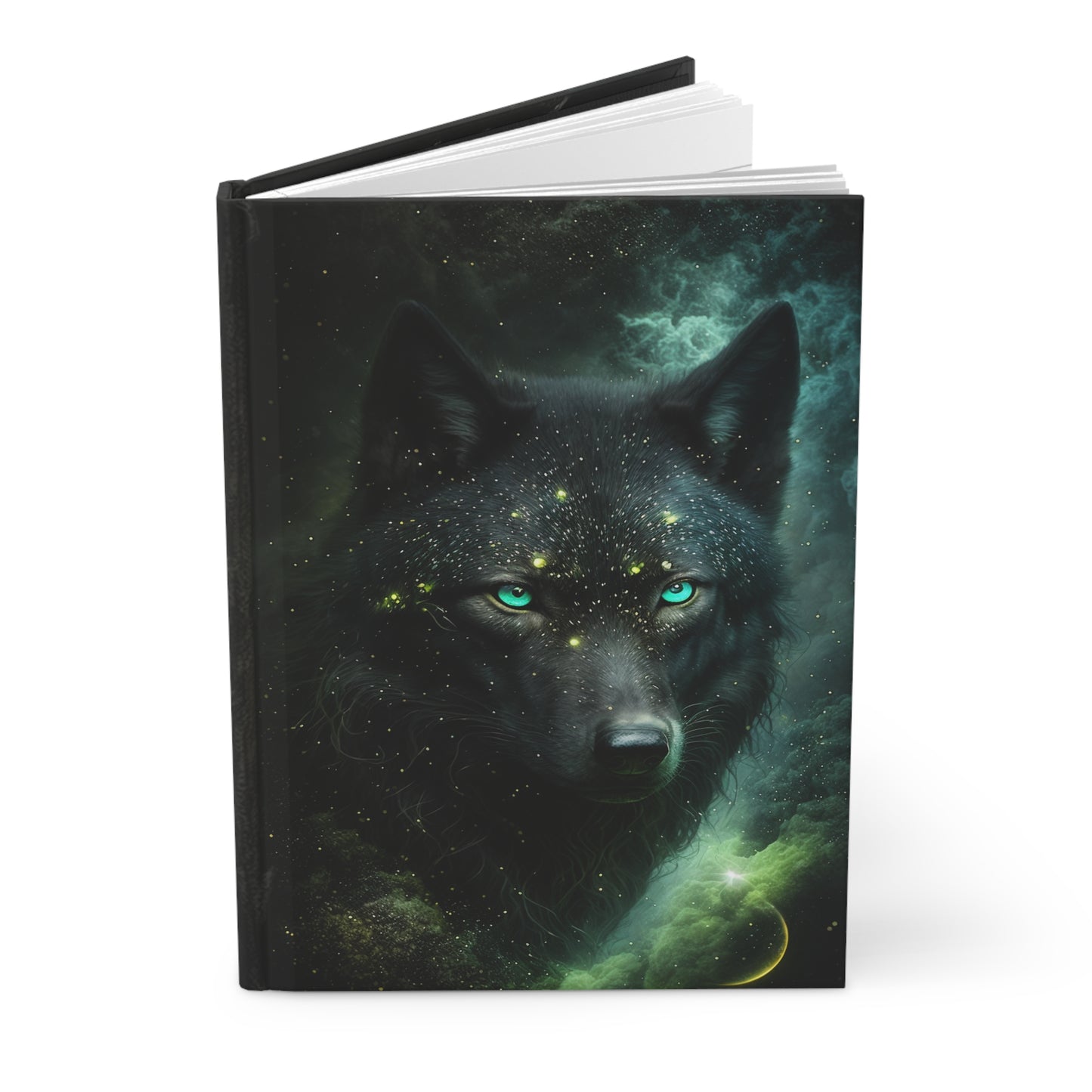 Black Wolf with Green Eyes Ethereal Magical Celestial Soft-Touch Matte Hard Cover Journal