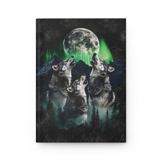 Wolves Howling at the Full Moon Green Northern Lights Soft-Touch Matte Hardcover Journal