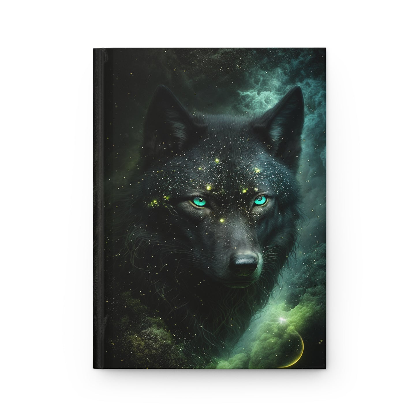 Black Wolf with Green Eyes Ethereal Magical Celestial Soft-Touch Matte Hard Cover Journal