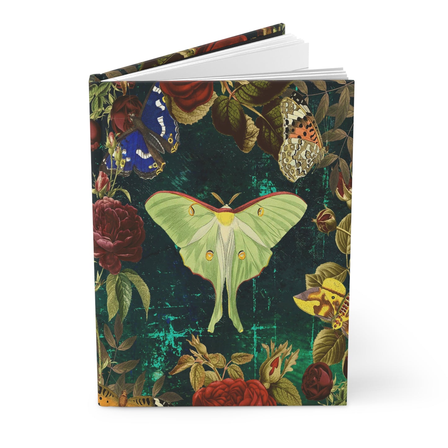 Vintage Style Green Luna Moth & Roses Soft-Touch Matte Hard Cover Journal