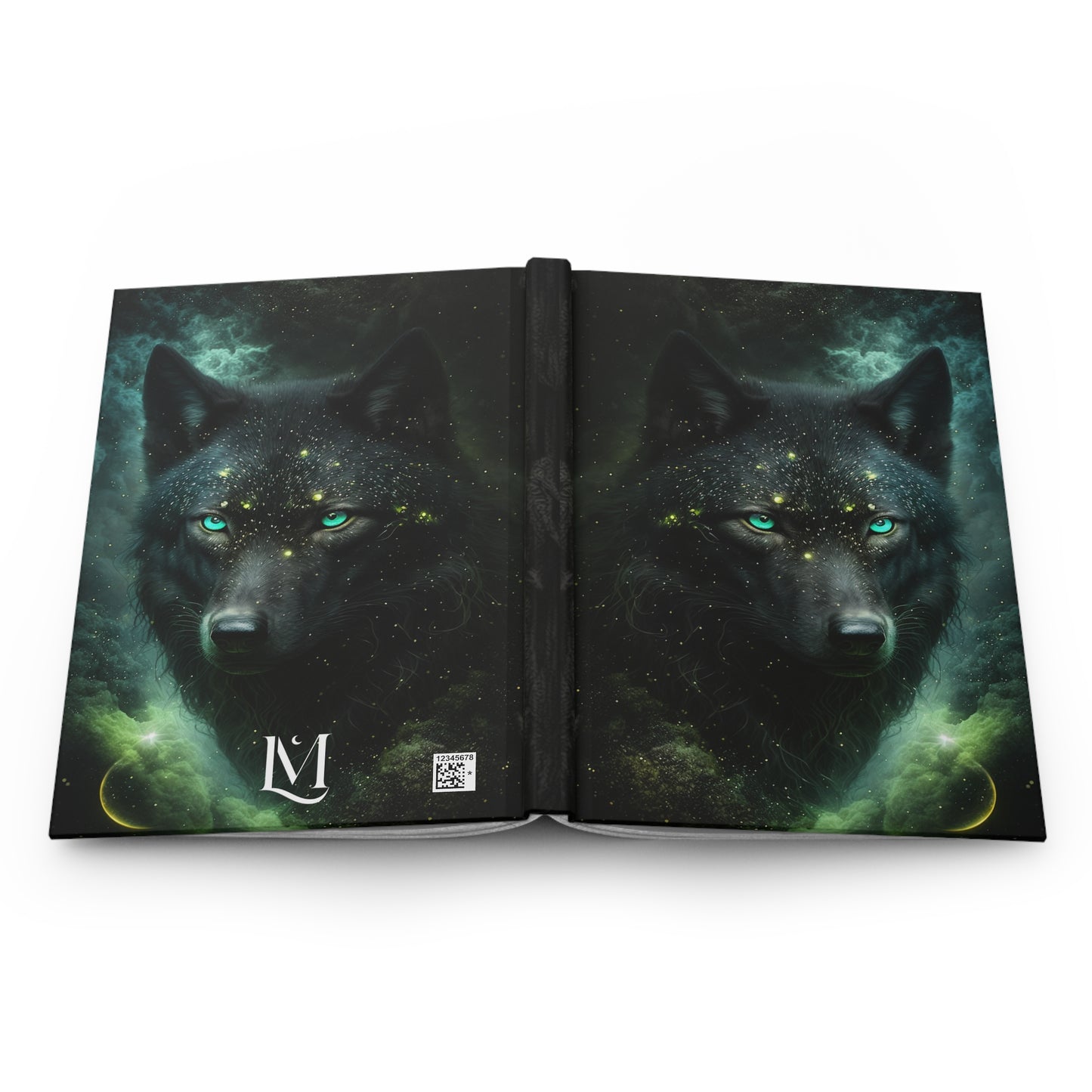 Black Wolf with Green Eyes Ethereal Magical Celestial Soft-Touch Matte Hard Cover Journal
