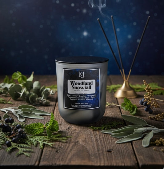 Woodland Snowfall Fragrant 10oz Luxury Soy Wax Candle (Black Smoke Jar)