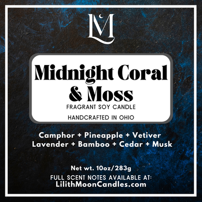 Midnight Coral & Moss Fragrant 10oz Luxury Soy Wax Candle (Black Smoke Jar)