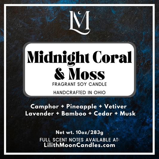 Midnight Coral & Moss Fragrant 10oz Luxury Soy Wax Candle (Black Smoke Jar)