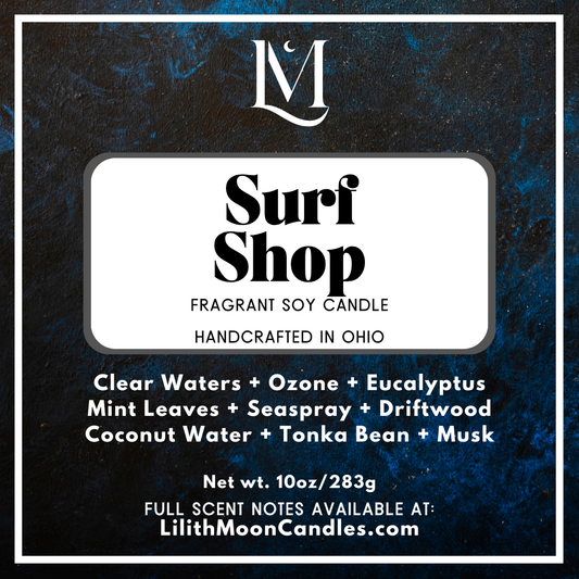 Surf Shop Fragrant 10oz Luxury Soy Wax Candle (Black Smoke Jar)